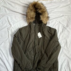 Olive Green Men's Parka with a Faux Fur-Hood
